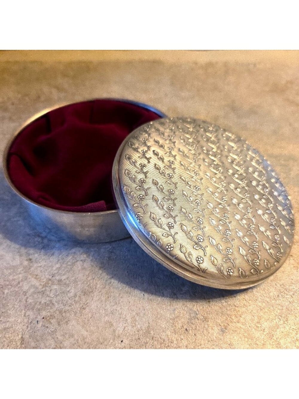 Silver-plate Round Embellished Jewelry Box Made in Denmark 4” Vine Design MCM